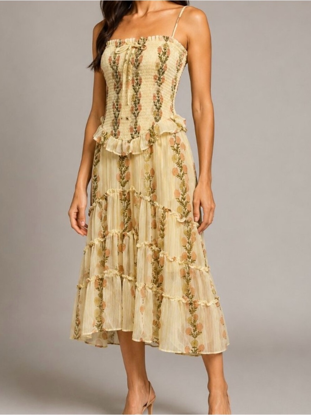 Free People Pale Yellow Floral Smocked Midi Dress
